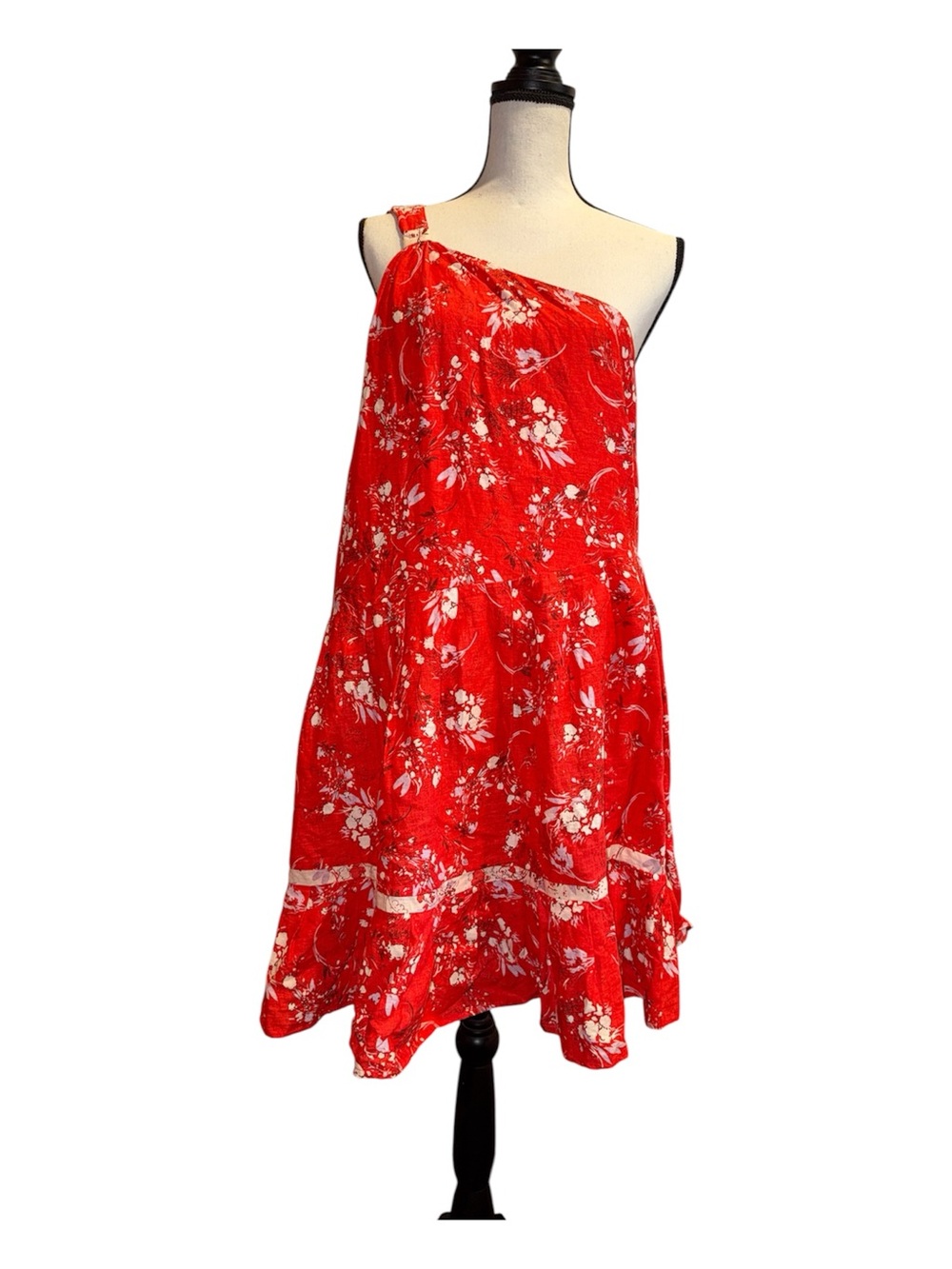Free People All Mine Mini Red White Strapless Printed Dress one shoulder zip L